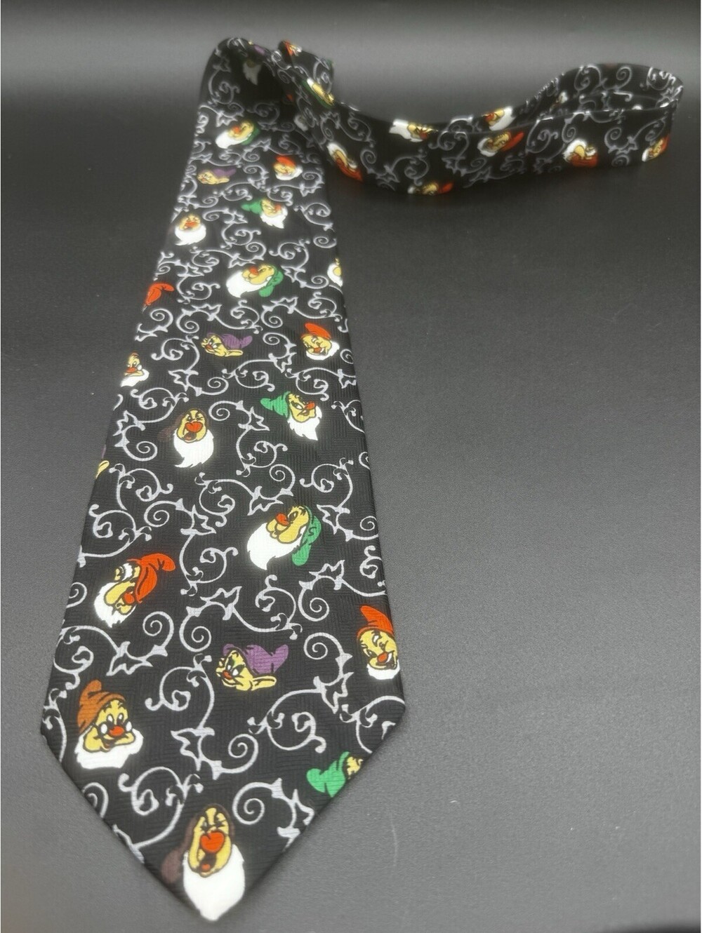 Vintage Disney Snow White Seven Dwarfs Necktie Black Scroll Pattern